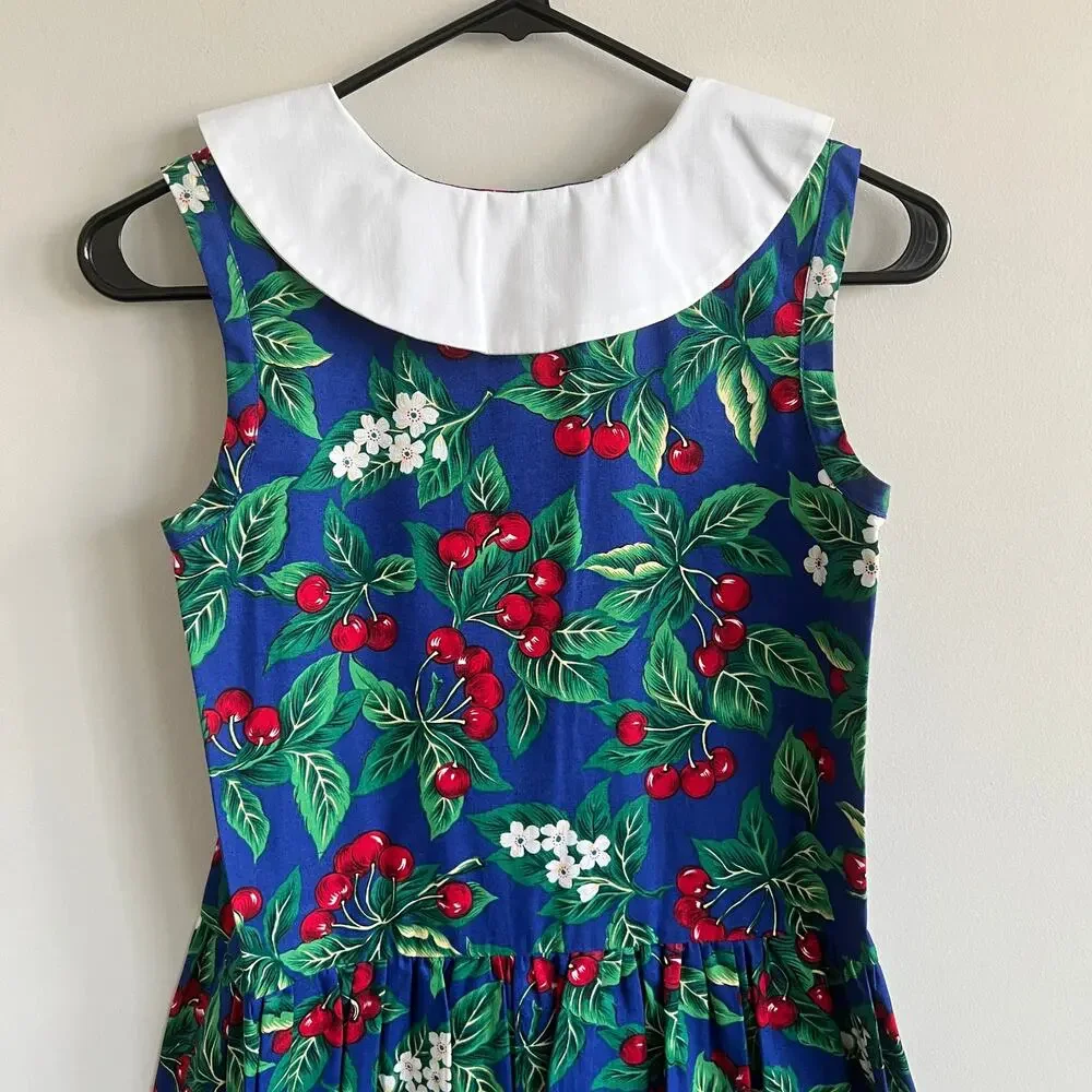 Vintage Just Ducky White Collar Fit Flare Dress Blue Cherry Print Sleeveless 14